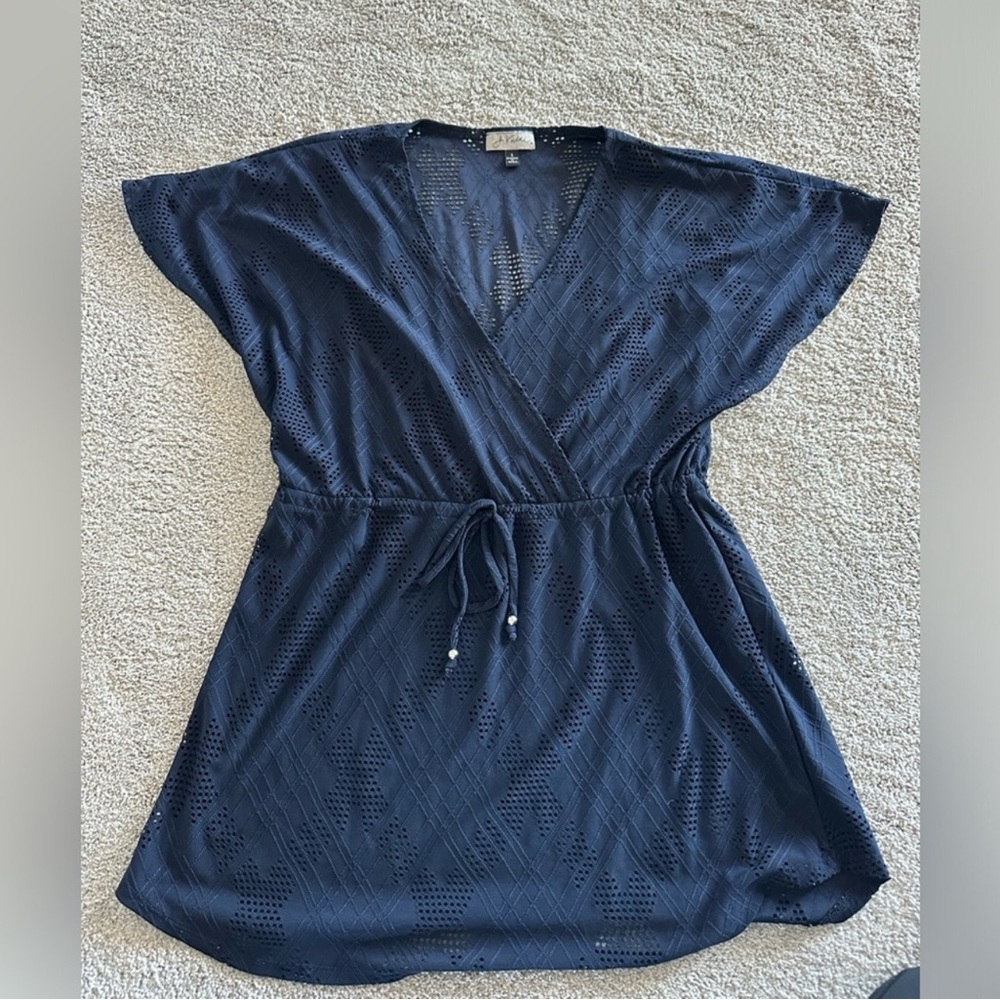 Navy Lace Knit Swim Coverup with Drawstring Waist